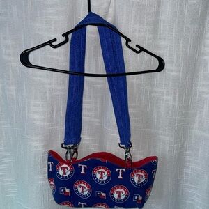 Blue and Red Texas Rangers Shoulder Bag with stuffed animal and Vintage pin
